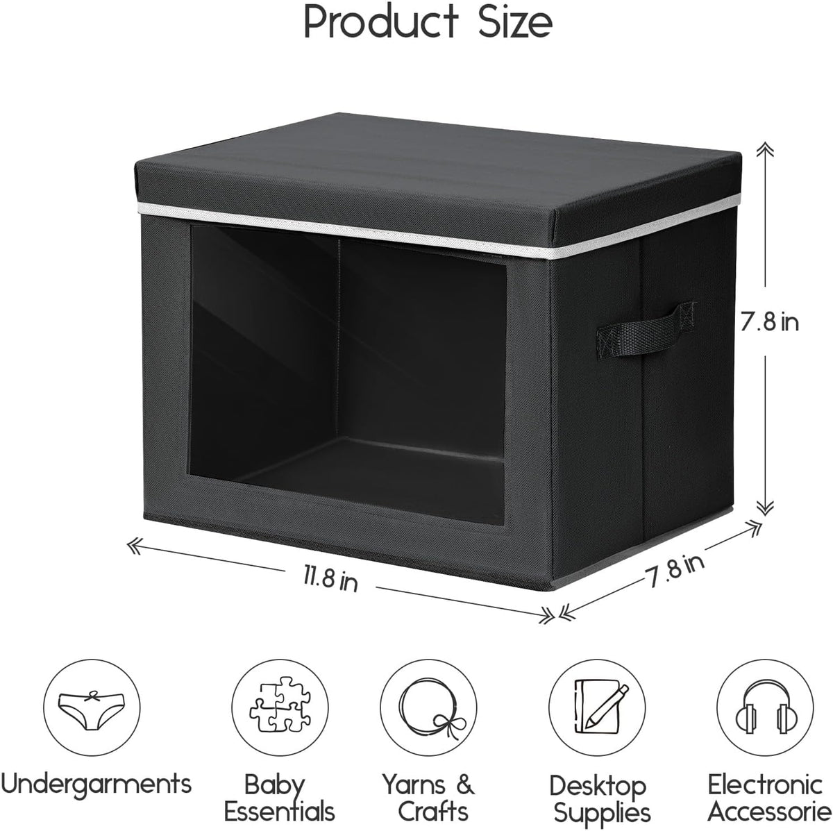 Storage Bins with Lids - Fabric Storage Boxe with Window, Collapsible Closet Organizers with Handles, Decorative Bin, Home Cubes Baskets for Clothes, Hat, Books, Dark Grey