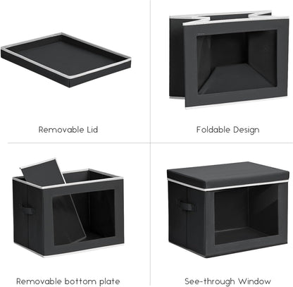 Storage Bins with Lids - Fabric Storage Boxe with Window, Collapsible Closet Organizers with Handles, Decorative Bin, Home Cubes Baskets for Clothes, Hat, Books, Dark Grey