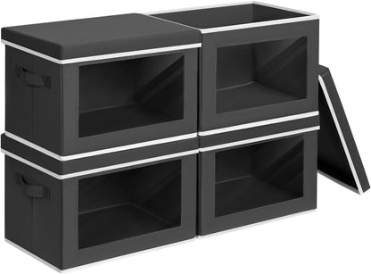 Storage Bins with Lids - Fabric Storage Boxe with Window, Collapsible Closet Organizers with Handles, Decorative Bin, Home Cubes Baskets for Clothes, Hat, Books, Dark Grey
