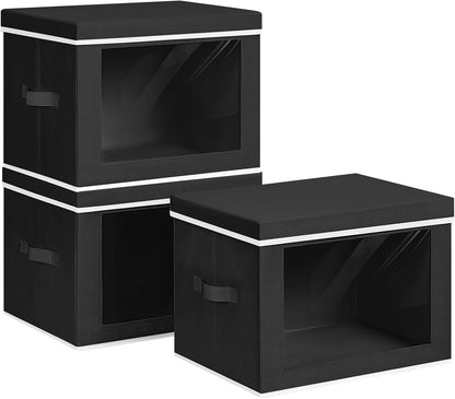 Storage Bins with Lids - Fabric Storage Boxe with Window, Collapsible Closet Organizers with Handles, Decorative Bin, Home Cubes Baskets for Clothes, Hat, Books, Dark Grey