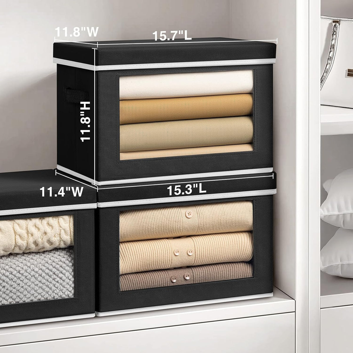 Storage Bins with Lids - Fabric Storage Boxe with Window, Collapsible Closet Organizers with Handles, Decorative Bin, Home Cubes Baskets for Clothes, Hat, Books, Dark Grey