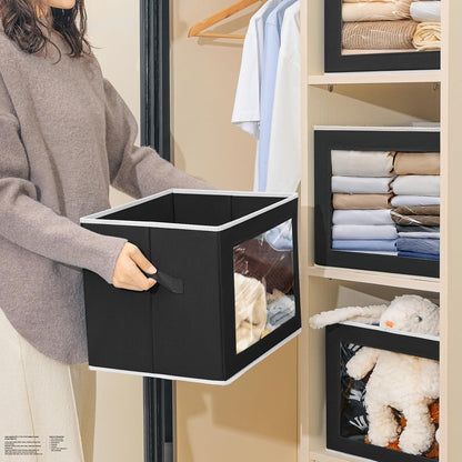 Storage Bins with Lids - Fabric Storage Boxe with Window, Collapsible Closet Organizers with Handles, Decorative Bin, Home Cubes Baskets for Clothes, Hat, Books, Dark Grey