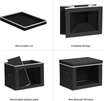 Storage Bins with Lids - Fabric Storage Boxe with Window, Collapsible Closet Organizers with Handles, Decorative Bin, Home Cubes Baskets for Clothes, Hat, Books, Dark Grey