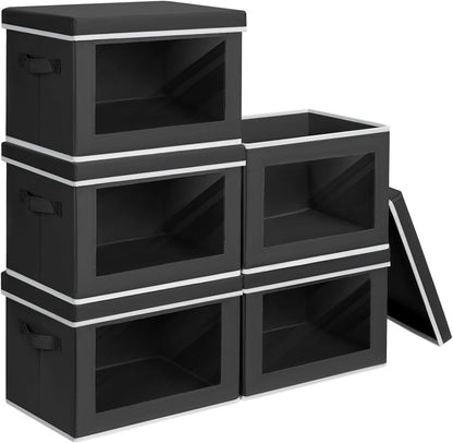 Storage Bins with Lids - Fabric Storage Boxe with Window, Collapsible Closet Organizers with Handles, Decorative Bin, Home Cubes Baskets for Clothes, Hat, Books, Dark Grey