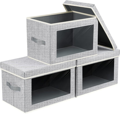 Storage Bins with Lids - Fabric Storage Boxe with Window, Collapsible Closet Organizers with Handles, Decorative Bin, Home Cubes Baskets for Clothes, Hat, Books, Dark Grey