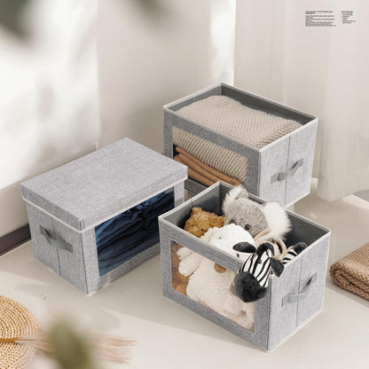 Storage Bins with Lids - Fabric Storage Boxe with Window, Collapsible Closet Organizers with Handles, Decorative Bin, Home Cubes Baskets for Clothes, Hat, Books, Dark Grey