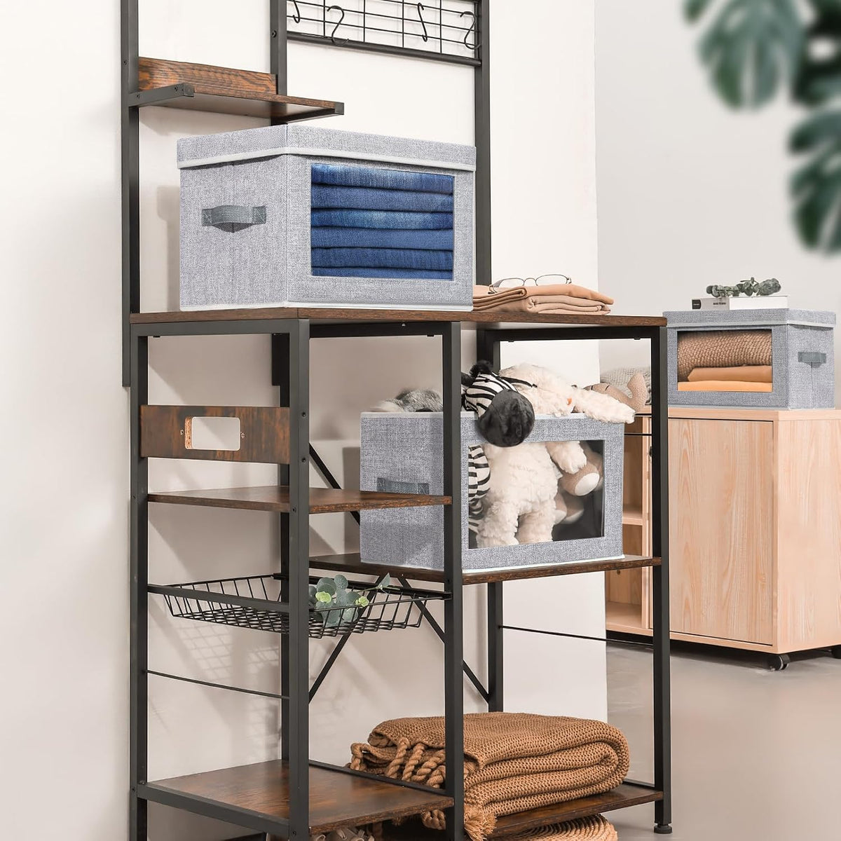 Storage Bins with Lids - Fabric Storage Boxe with Window, Collapsible Closet Organizers with Handles, Decorative Bin, Home Cubes Baskets for Clothes, Hat, Books, Dark Grey