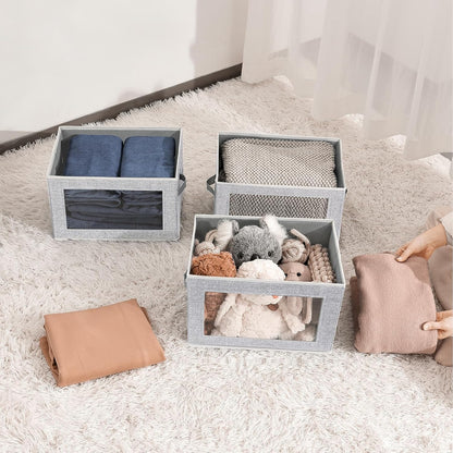 Storage Bins with Lids - Fabric Storage Boxe with Window, Collapsible Closet Organizers with Handles, Decorative Bin, Home Cubes Baskets for Clothes, Hat, Books, Dark Grey