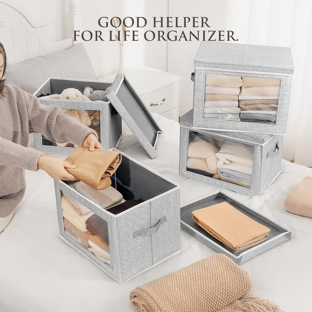 Storage Bins with Lids - Fabric Storage Boxe with Window, Collapsible Closet Organizers with Handles, Decorative Bin, Home Cubes Baskets for Clothes, Hat, Books, Dark Grey