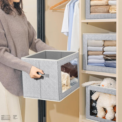 Storage Bins with Lids - Fabric Storage Boxe with Window, Collapsible Closet Organizers with Handles, Decorative Bin, Home Cubes Baskets for Clothes, Hat, Books, Dark Grey