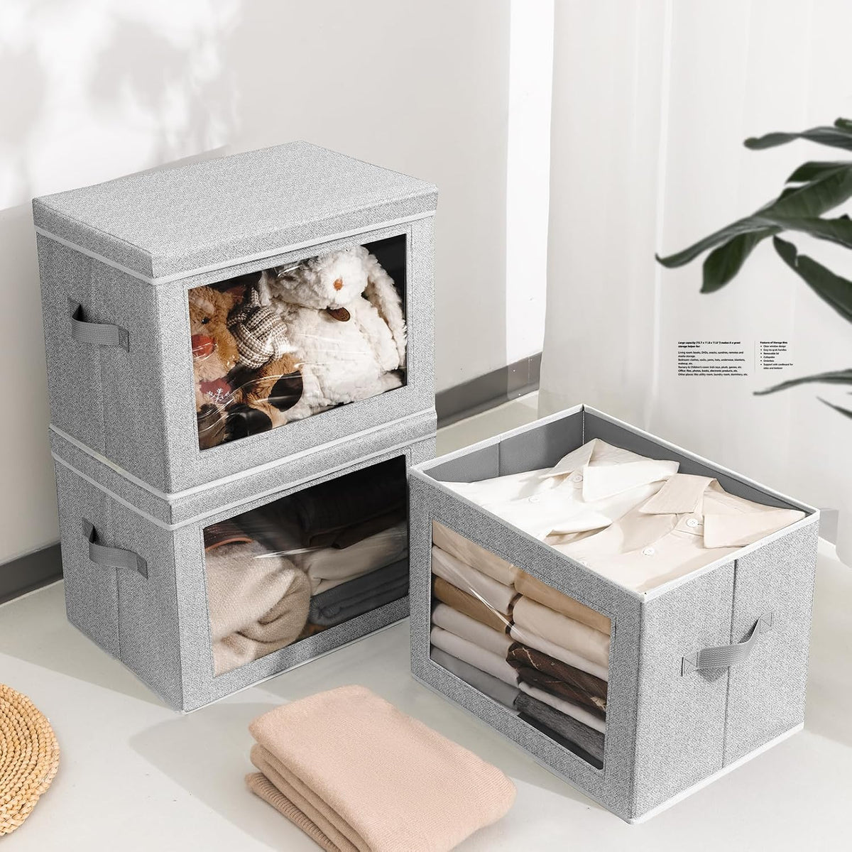 Storage Bins with Lids - Fabric Storage Boxe with Window, Collapsible Closet Organizers with Handles, Decorative Bin, Home Cubes Baskets for Clothes, Hat, Books, Dark Grey