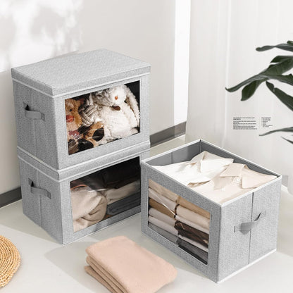 Storage Bins with Lids - Fabric Storage Boxe with Window, Collapsible Closet Organizers with Handles, Decorative Bin, Home Cubes Baskets for Clothes, Hat, Books, Dark Grey