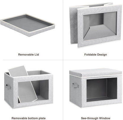 Storage Bins with Lids - Fabric Storage Boxe with Window, Collapsible Closet Organizers with Handles, Decorative Bin, Home Cubes Baskets for Clothes, Hat, Books, Dark Grey