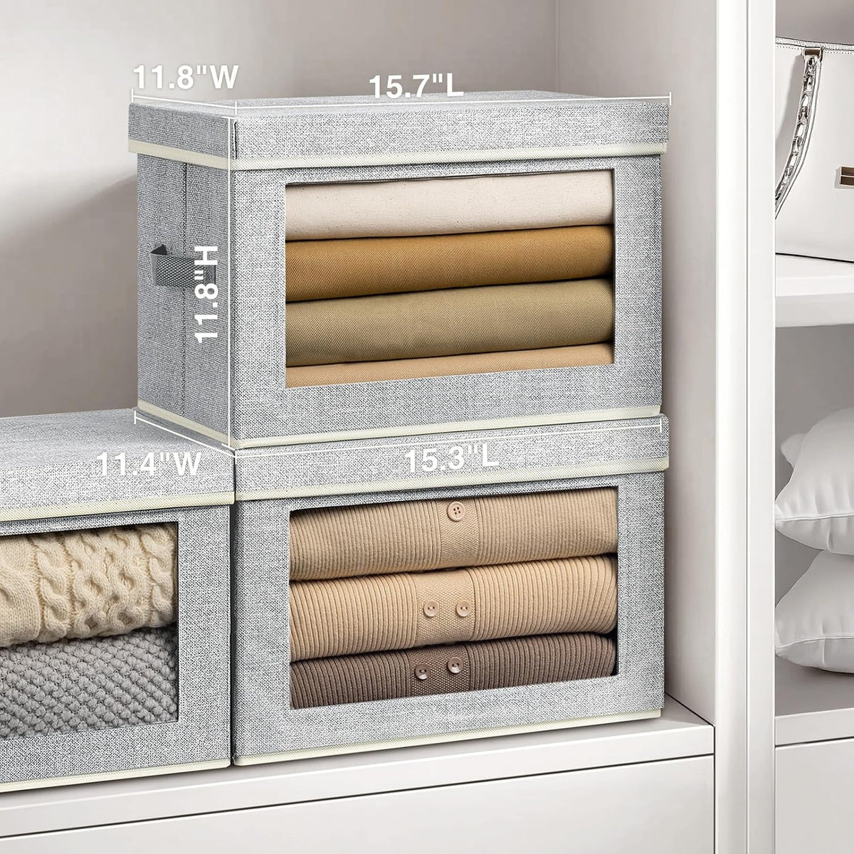 Storage Bins with Lids - Fabric Storage Boxe with Window, Collapsible Closet Organizers with Handles, Decorative Bin, Home Cubes Baskets for Clothes, Hat, Books, Dark Grey