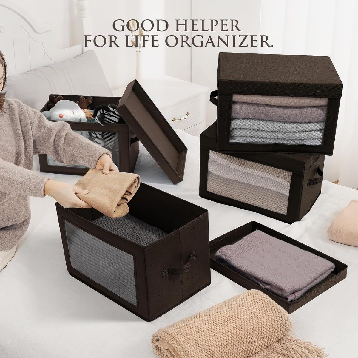 Storage Bins with Lids - Fabric Storage Boxe with Window, Collapsible Closet Organizers with Handles, Decorative Bin, Home Cubes Baskets for Clothes, Hat, Books, Dark Grey