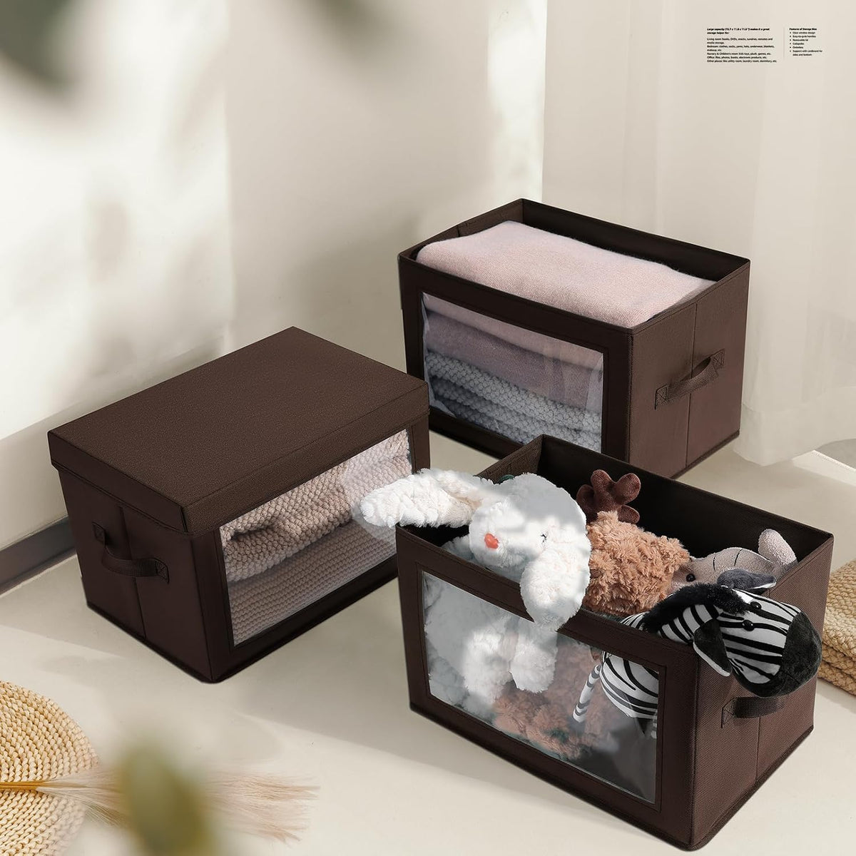 Storage Bins with Lids - Fabric Storage Boxe with Window, Collapsible Closet Organizers with Handles, Decorative Bin, Home Cubes Baskets for Clothes, Hat, Books, Dark Grey