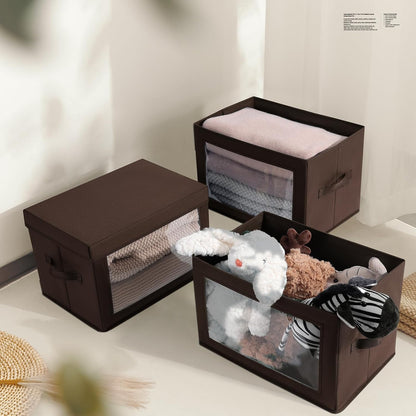 Storage Bins with Lids - Fabric Storage Boxe with Window, Collapsible Closet Organizers with Handles, Decorative Bin, Home Cubes Baskets for Clothes, Hat, Books, Dark Grey