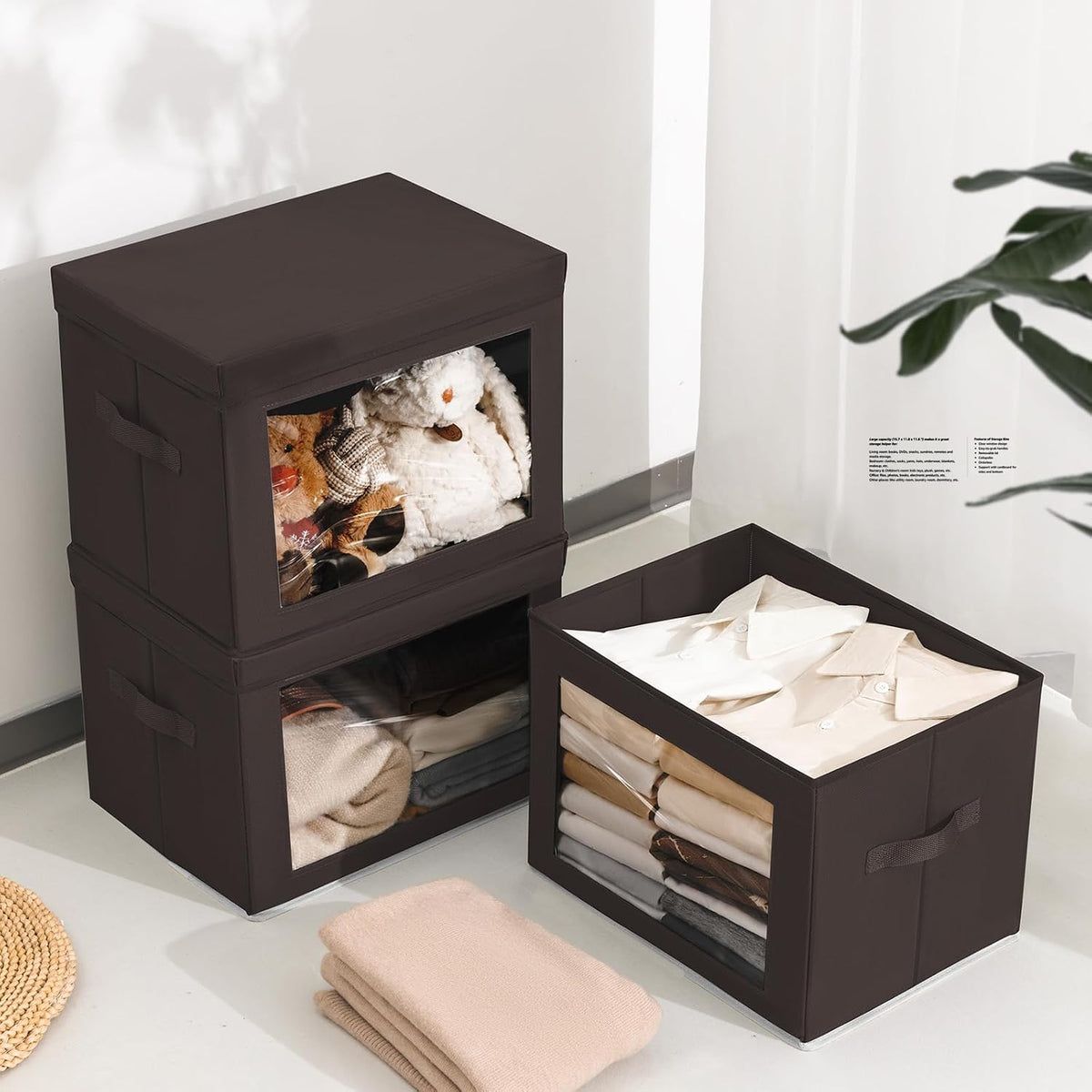 Storage Bins with Lids - Fabric Storage Boxe with Window, Collapsible Closet Organizers with Handles, Decorative Bin, Home Cubes Baskets for Clothes, Hat, Books, Dark Grey