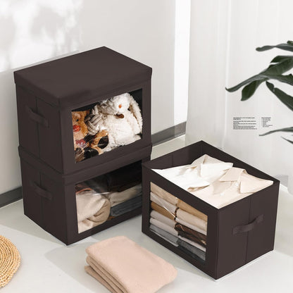 Storage Bins with Lids - Fabric Storage Boxe with Window, Collapsible Closet Organizers with Handles, Decorative Bin, Home Cubes Baskets for Clothes, Hat, Books, Dark Grey