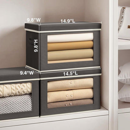 Storage Bins with Lids - Fabric Storage Boxe with Window, Collapsible Closet Organizers with Handles, Decorative Bin, Home Cubes Baskets for Clothes, Hat, Books, Dark Grey