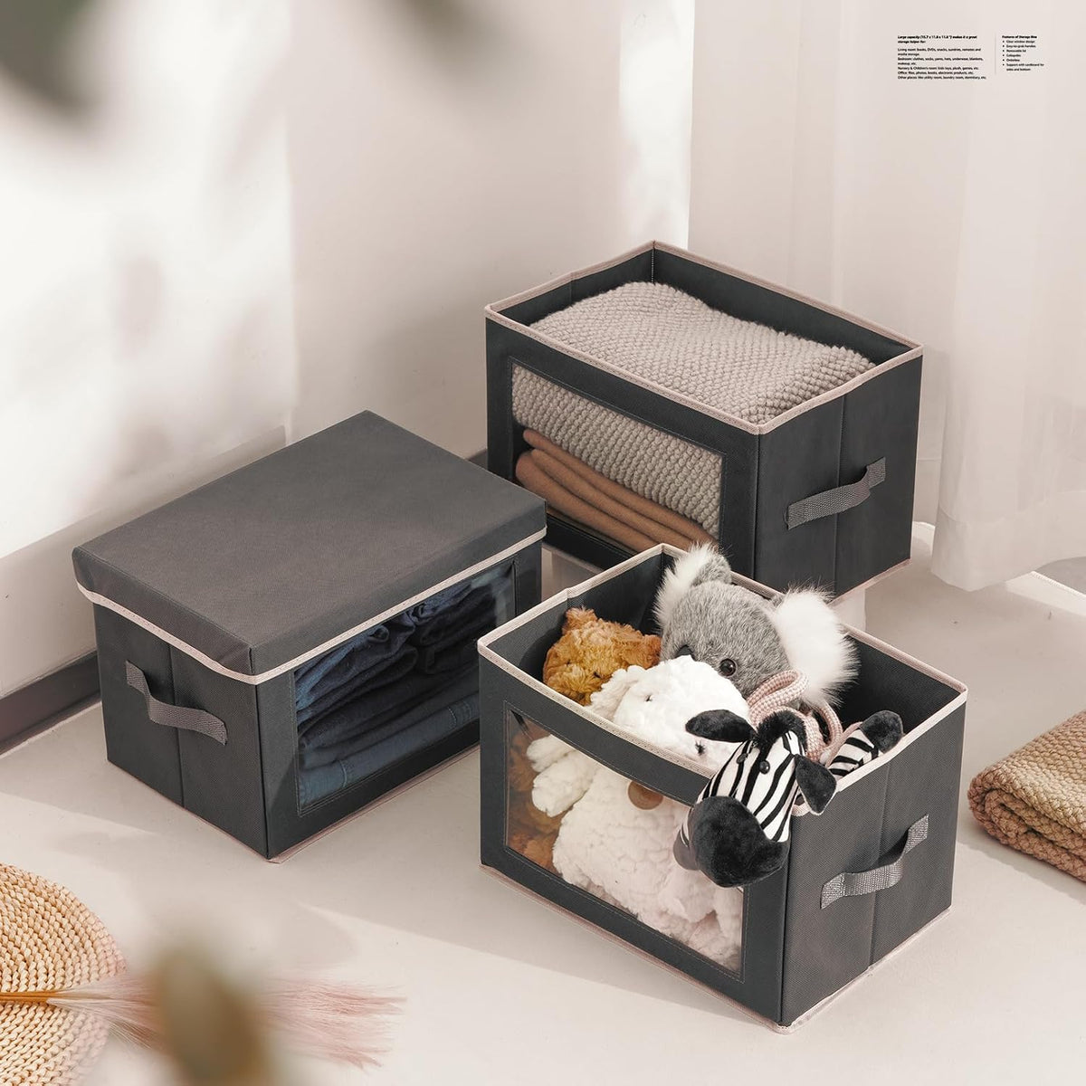 Storage Bins with Lids - Fabric Storage Boxe with Window, Collapsible Closet Organizers with Handles, Decorative Bin, Home Cubes Baskets for Clothes, Hat, Books, Dark Grey