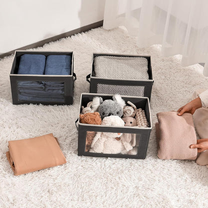 Storage Bins with Lids - Fabric Storage Boxe with Window, Collapsible Closet Organizers with Handles, Decorative Bin, Home Cubes Baskets for Clothes, Hat, Books, Dark Grey