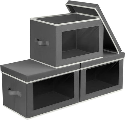 Storage Bins with Lids - Fabric Storage Boxe with Window, Collapsible Closet Organizers with Handles, Decorative Bin, Home Cubes Baskets for Clothes, Hat, Books, Dark Grey