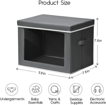 Storage Bins with Lids - Fabric Storage Boxe with Window, Collapsible Closet Organizers with Handles, Decorative Bin, Home Cubes Baskets for Clothes, Hat, Books, Dark Grey