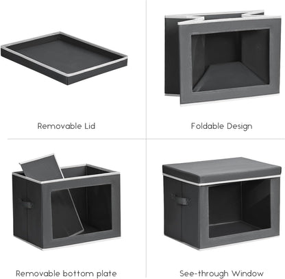 Storage Bins with Lids - Fabric Storage Boxe with Window, Collapsible Closet Organizers with Handles, Decorative Bin, Home Cubes Baskets for Clothes, Hat, Books, Dark Grey