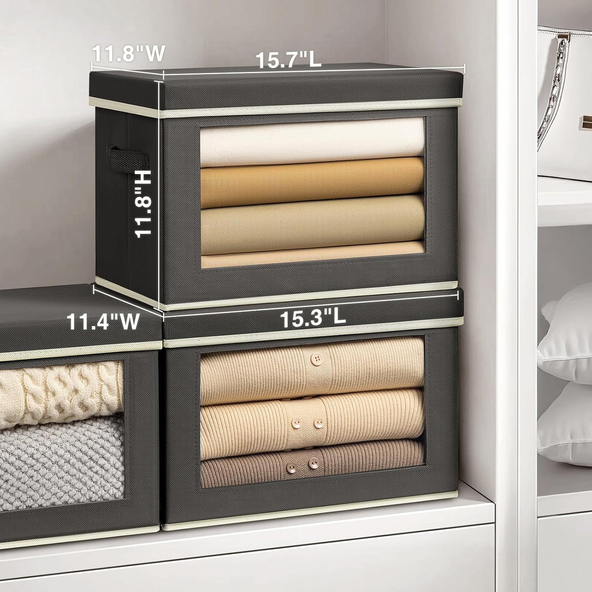 Storage Bins with Lids - Fabric Storage Boxe with Window, Collapsible Closet Organizers with Handles, Decorative Bin, Home Cubes Baskets for Clothes, Hat, Books, Dark Grey