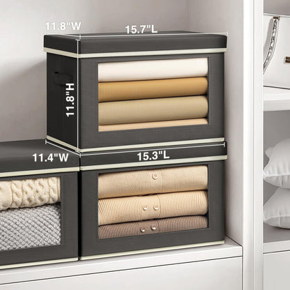 Storage Bins with Lids - Fabric Storage Boxe with Window, Collapsible Closet Organizers with Handles, Decorative Bin, Home Cubes Baskets for Clothes, Hat, Books, Dark Grey