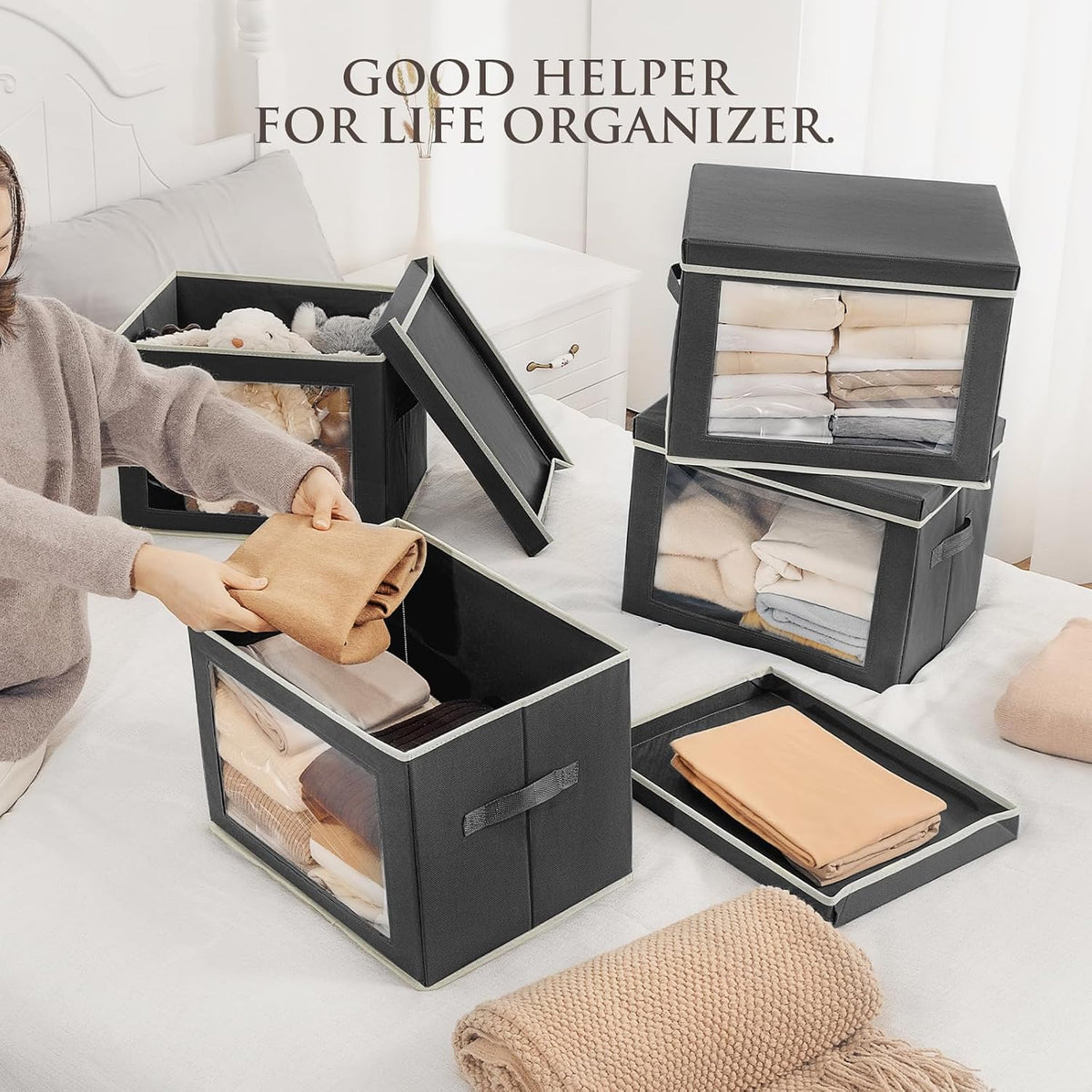 Storage Bins with Lids - Fabric Storage Boxe with Window, Collapsible Closet Organizers with Handles, Decorative Bin, Home Cubes Baskets for Clothes, Hat, Books, Dark Grey
