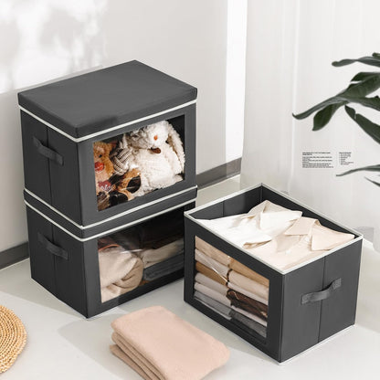 Storage Bins with Lids - Fabric Storage Boxe with Window, Collapsible Closet Organizers with Handles, Decorative Bin, Home Cubes Baskets for Clothes, Hat, Books, Dark Grey