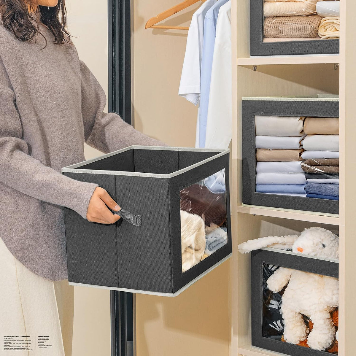 Storage Bins with Lids - Fabric Storage Boxe with Window, Collapsible Closet Organizers with Handles, Decorative Bin, Home Cubes Baskets for Clothes, Hat, Books, Dark Grey