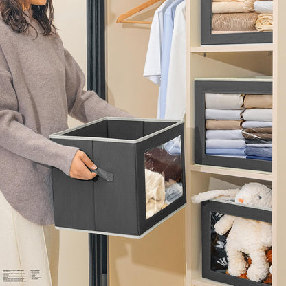 Storage Bins with Lids - Fabric Storage Boxe with Window, Collapsible Closet Organizers with Handles, Decorative Bin, Home Cubes Baskets for Clothes, Hat, Books, Dark Grey