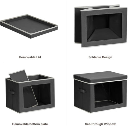 Storage Bins with Lids - Fabric Storage Boxe with Window, Collapsible Closet Organizers with Handles, Decorative Bin, Home Cubes Baskets for Clothes, Hat, Books, Dark Grey