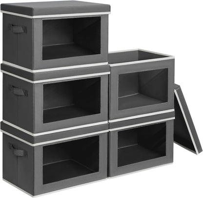 Storage Bins with Lids - Fabric Storage Boxe with Window, Collapsible Closet Organizers with Handles, Decorative Bin, Home Cubes Baskets for Clothes, Hat, Books, Dark Grey