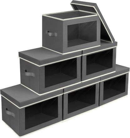 Storage Bins with Lids - Fabric Storage Boxe with Window, Collapsible Closet Organizers with Handles, Decorative Bin, Home Cubes Baskets for Clothes, Hat, Books, Dark Grey