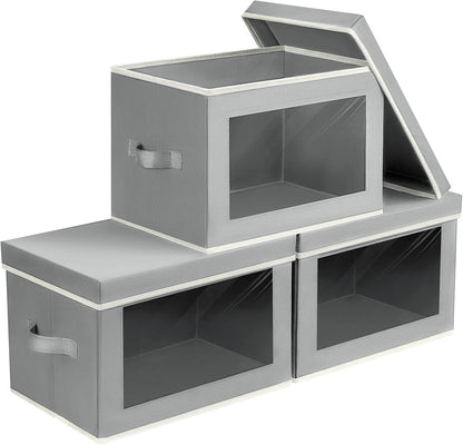 Storage Bins with Lids - Fabric Storage Boxe with Window, Collapsible Closet Organizers with Handles, Decorative Bin, Home Cubes Baskets for Clothes, Hat, Books, Dark Grey