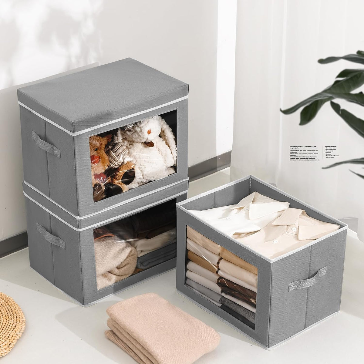 Storage Bins with Lids - Fabric Storage Boxe with Window, Collapsible Closet Organizers with Handles, Decorative Bin, Home Cubes Baskets for Clothes, Hat, Books, Dark Grey