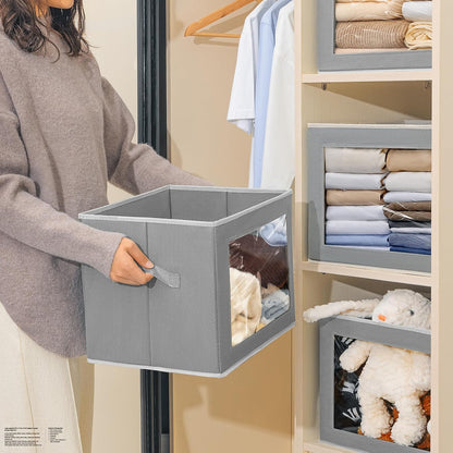Storage Bins with Lids - Fabric Storage Boxe with Window, Collapsible Closet Organizers with Handles, Decorative Bin, Home Cubes Baskets for Clothes, Hat, Books, Dark Grey