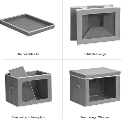 Storage Bins with Lids - Fabric Storage Boxe with Window, Collapsible Closet Organizers with Handles, Decorative Bin, Home Cubes Baskets for Clothes, Hat, Books, Dark Grey