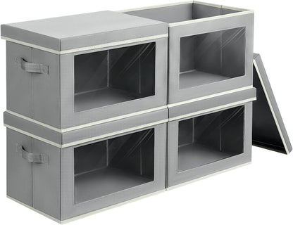 Storage Bins with Lids - Fabric Storage Boxe with Window, Collapsible Closet Organizers with Handles, Decorative Bin, Home Cubes Baskets for Clothes, Hat, Books, Dark Grey