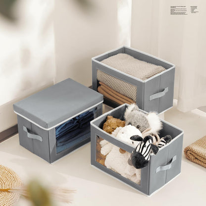Storage Bins with Lids - Fabric Storage Boxe with Window, Collapsible Closet Organizers with Handles, Decorative Bin, Home Cubes Baskets for Clothes, Hat, Books, Dark Grey