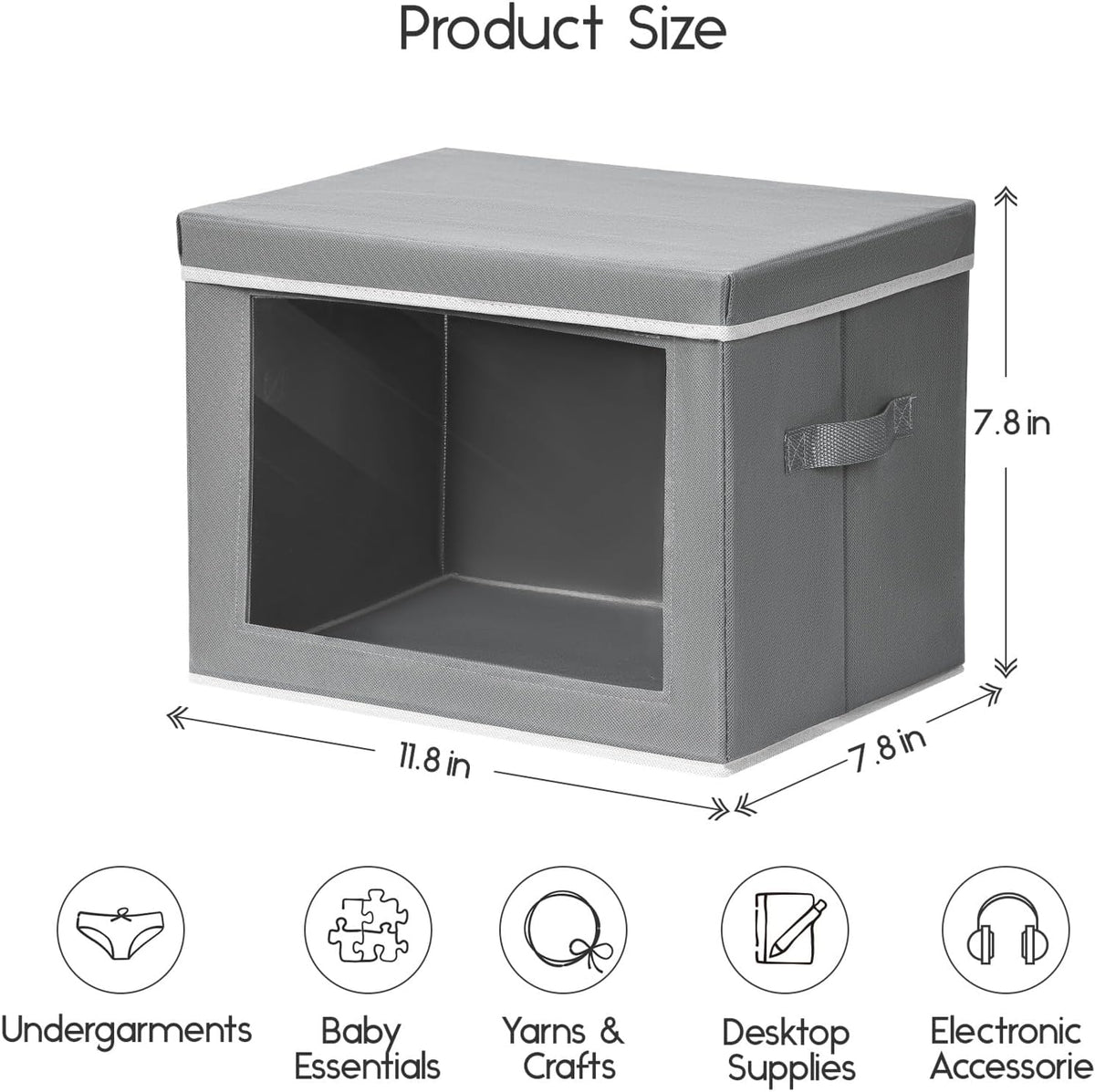Storage Bins with Lids - Fabric Storage Boxe with Window, Collapsible Closet Organizers with Handles, Decorative Bin, Home Cubes Baskets for Clothes, Hat, Books, Dark Grey