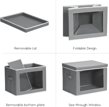 Storage Bins with Lids - Fabric Storage Boxe with Window, Collapsible Closet Organizers with Handles, Decorative Bin, Home Cubes Baskets for Clothes, Hat, Books, Dark Grey