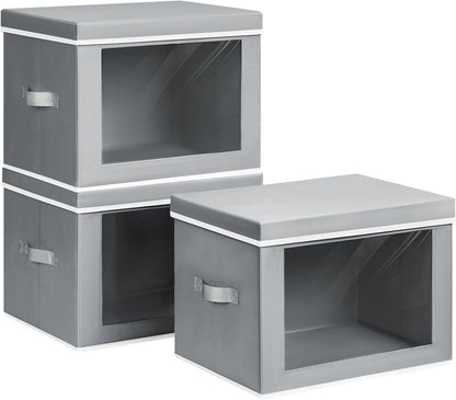 Storage Bins with Lids - Fabric Storage Boxe with Window, Collapsible Closet Organizers with Handles, Decorative Bin, Home Cubes Baskets for Clothes, Hat, Books, Dark Grey