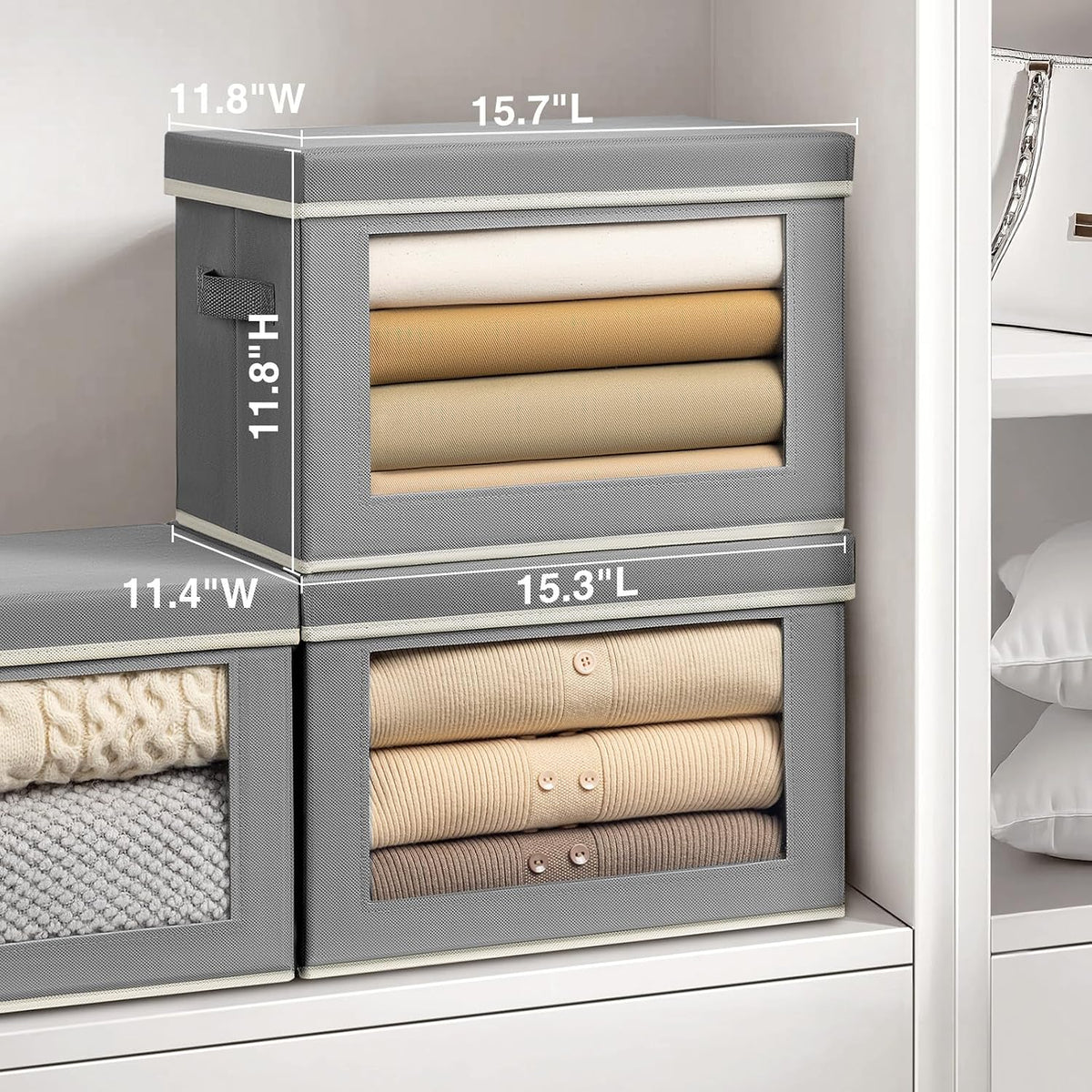 Storage Bins with Lids - Fabric Storage Boxe with Window, Collapsible Closet Organizers with Handles, Decorative Bin, Home Cubes Baskets for Clothes, Hat, Books, Dark Grey