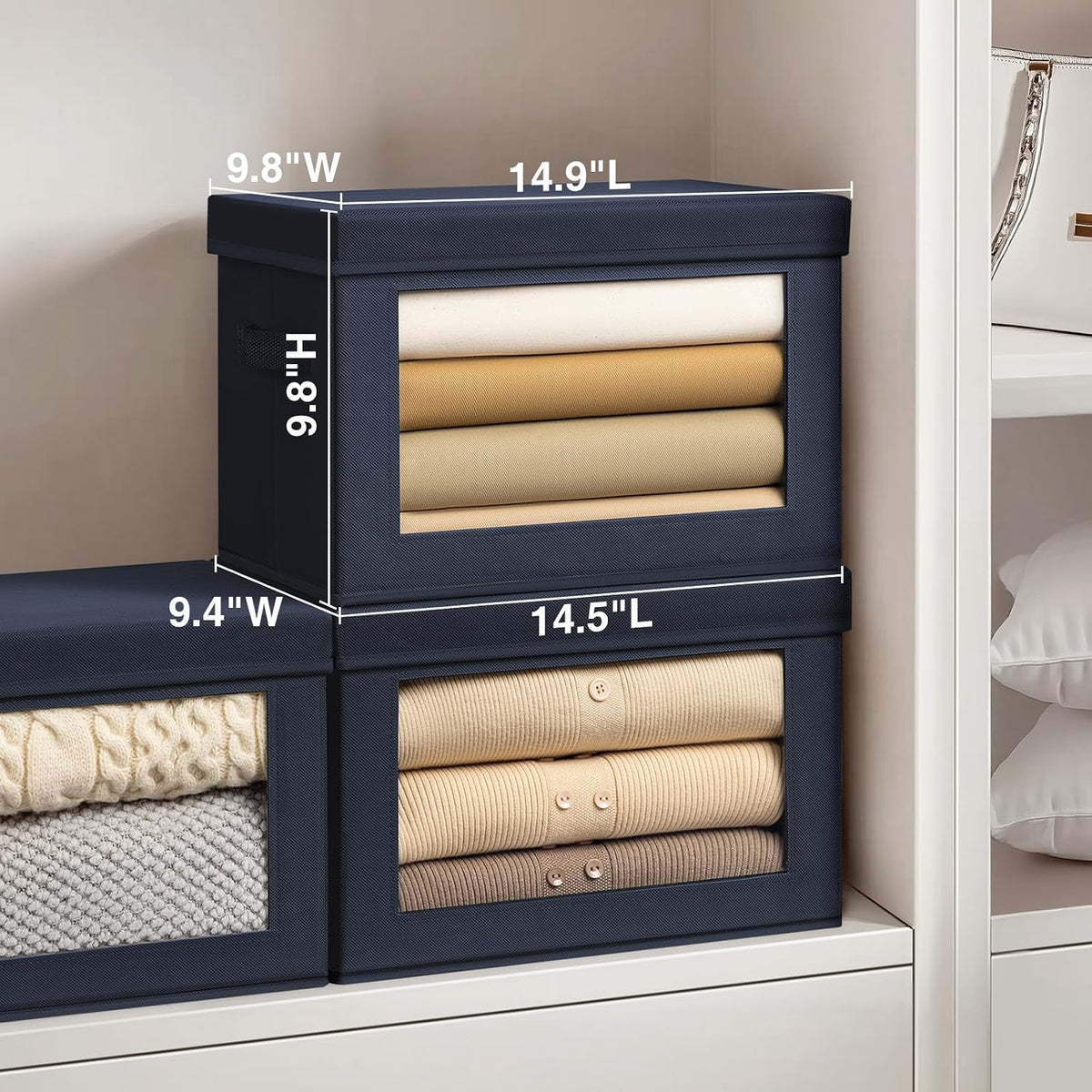 Storage Bins with Lids - Fabric Storage Boxe with Window, Collapsible Closet Organizers with Handles, Decorative Bin, Home Cubes Baskets for Clothes, Hat, Books, Dark Grey