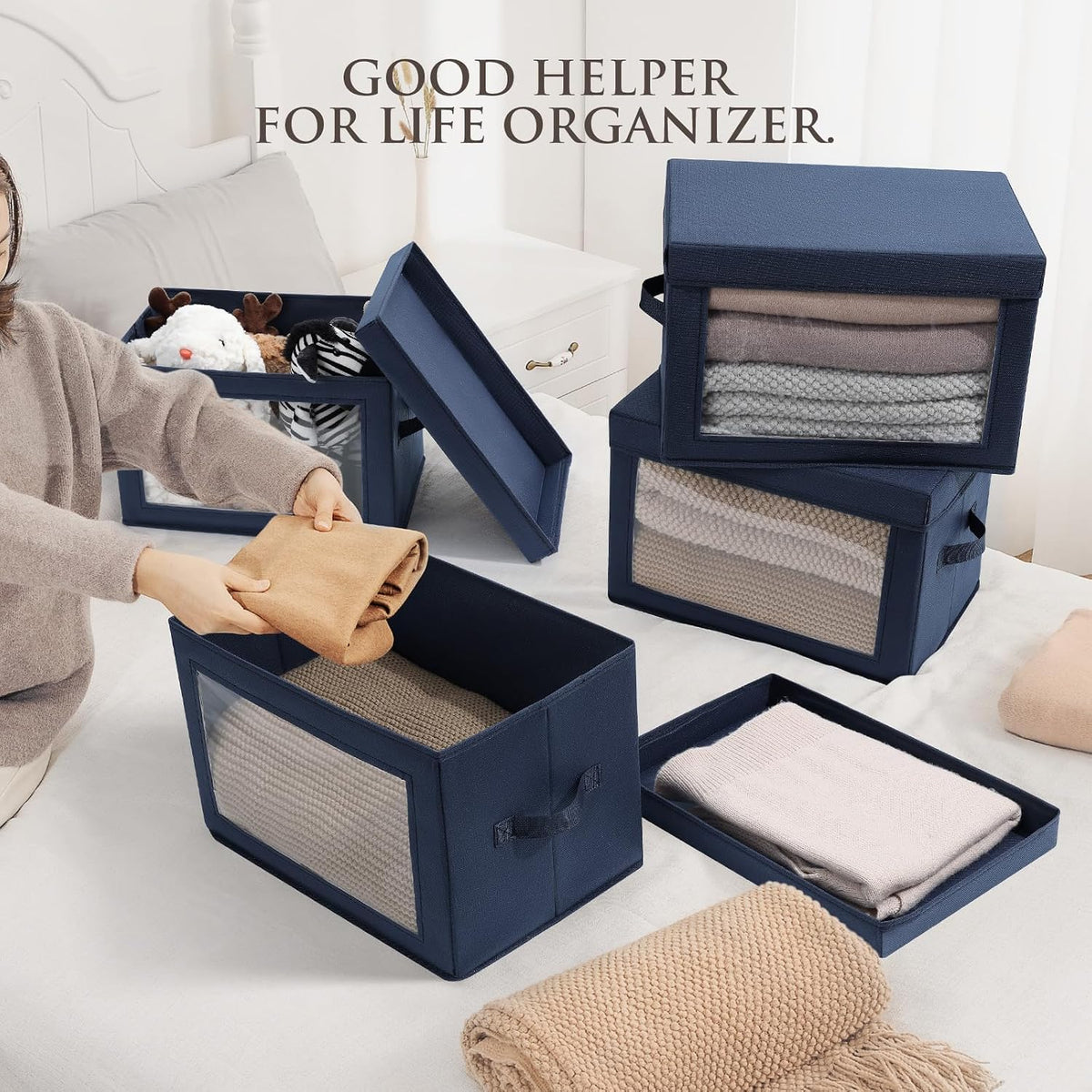 Storage Bins with Lids - Fabric Storage Boxe with Window, Collapsible Closet Organizers with Handles, Decorative Bin, Home Cubes Baskets for Clothes, Hat, Books, Dark Grey